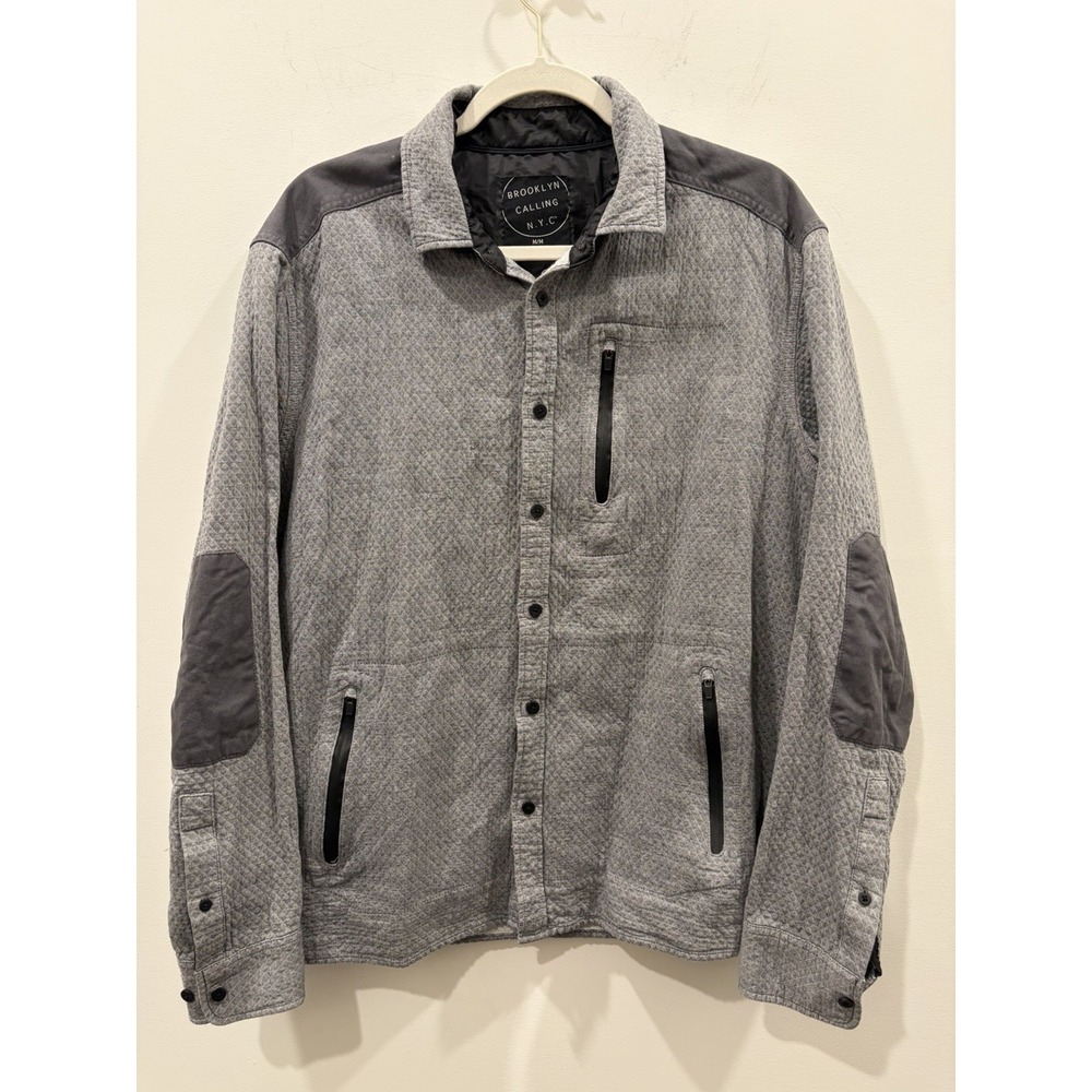 Brooklyn Calling Men's thick Quilted Button-Up Shirt Gray Elbow Patch Medium
